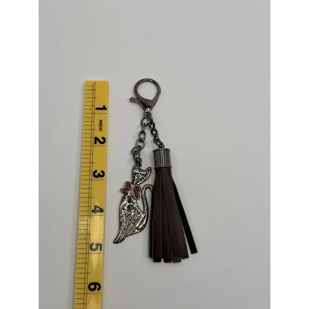 Gun‎ Metal Tone Cat Keychain with Red Bow Brown Tassel Bag Charm Accessory Goth
